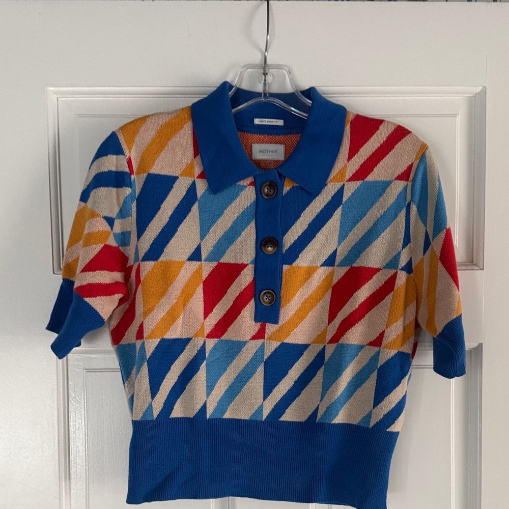 MOTHER Blue Multi-Color Geometric Polo Sweater